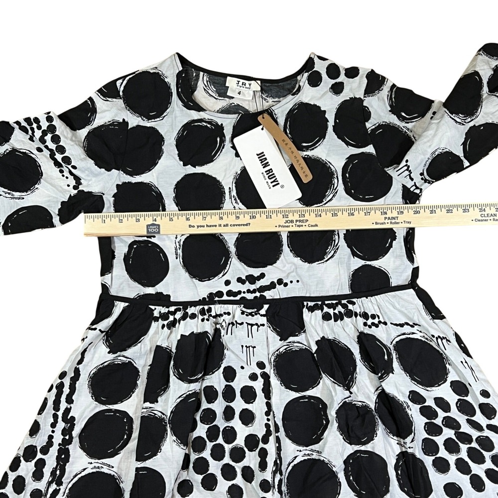 NWT Jian Ruiyi Polka Dot Dress Women 4 Black White Artsy Lagenlook Midi Modest - Picture 10 of 10